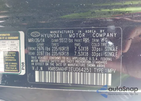 2014 Hyundai Santa Fe Gls z USA, uszkodzony, nr VIN KM8SM4HF1EU064251